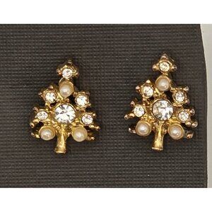 Rhinestone Pearl Gold Tone Christmas Tree Post Earrings
